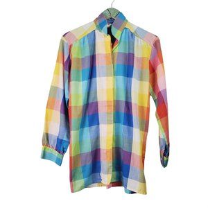 Vintage 80's Frenzy Plaid Patchwork Hidden Button-up Blouse Sz M